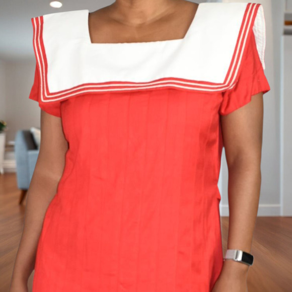 Vintage Sailor Collar Maxi Dress Red Nautical Rayon Column Pleated Retro Medium - Picture 9 of 14